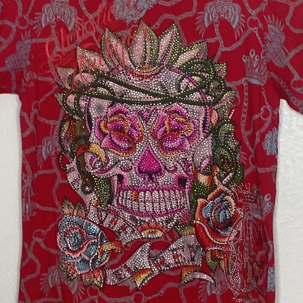 CHRISTIAN AUDIGIER Women’s All Over Print Red T Shirt w/ Fully Beaded Skull XXL.